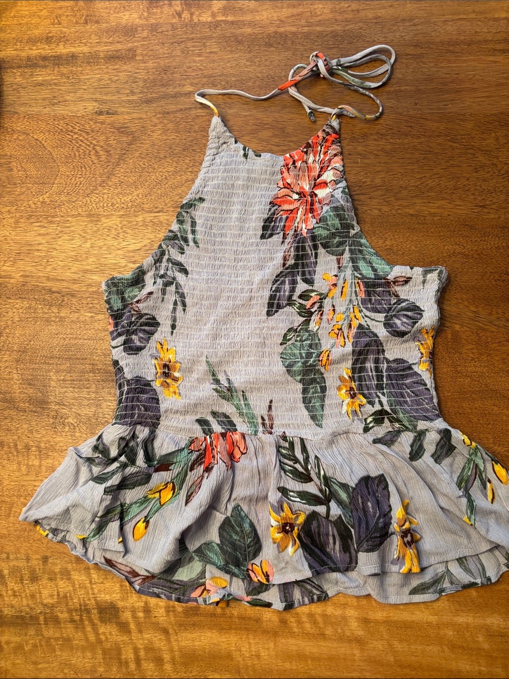 Cotton On Light Gray Floral Halter Peplum Cami with Yellow & Green Accents